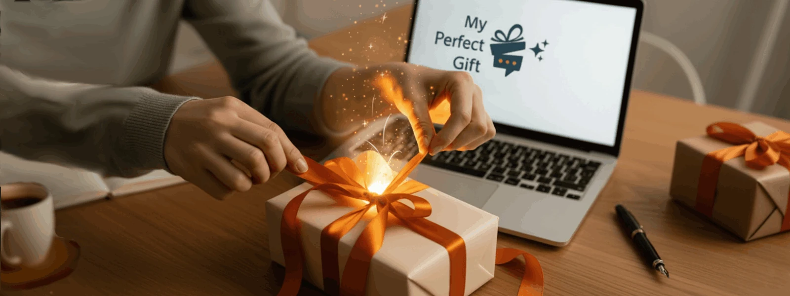 Mani che scartano un regalo con una luce magica, un laptop sullo sfondo mostra il logo My Perfect Gift. Simboleggia la scoperta dell'idea e la magia del regalo perfetto