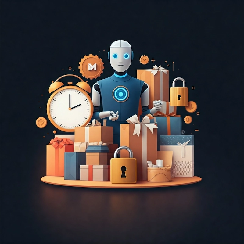 Illustrazione che rappresenta i punti di forza di My Perfect Gift: Buddy, l'ampia selezione di prodotti, l'originalità, la comodità, il risparmio di tempo, la sicurezza e l'assenza di stress.