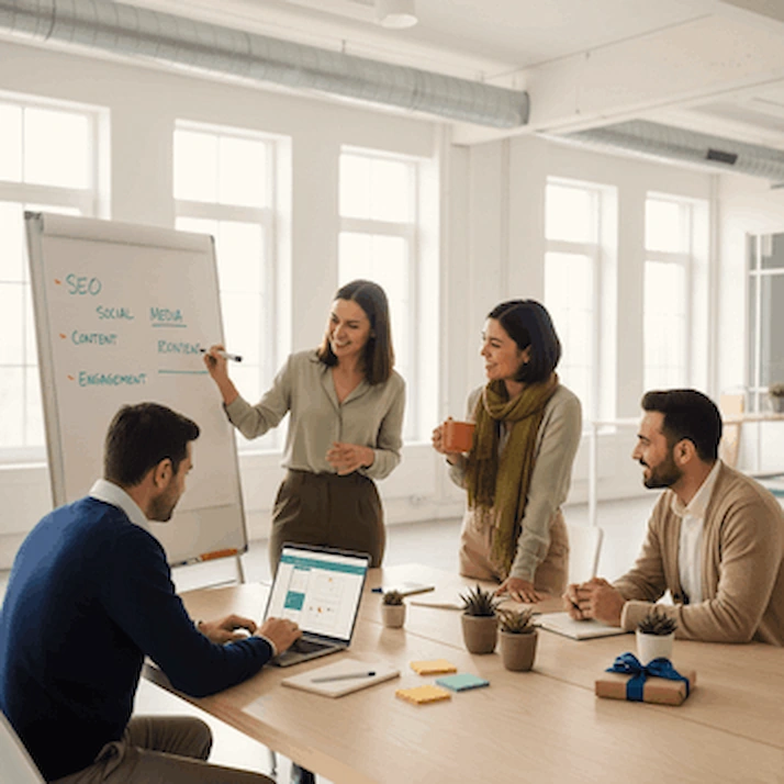 Team di My Perfect Gift al lavoro su marketing, design e contenuti in un ufficio moderno.