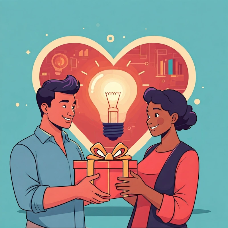 Illustrazione che rappresenta i valori e gli obiettivi di My Perfect Gift: passione, innovazione, felicità e soddisfazione.