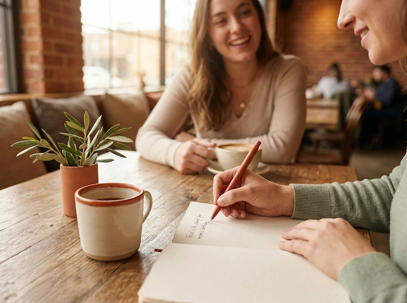 Due amici prendono un caffè mentre uno annota discretamente un'idea regalo su un taccuino.