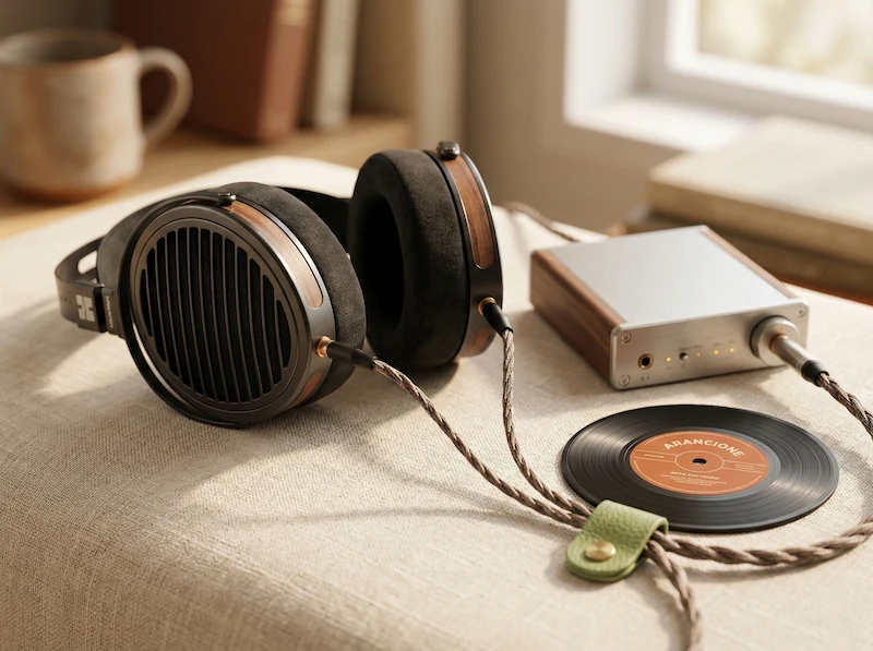 Cuffie over-ear per audiofili e amplificatore portatile ad alta fedeltà appoggiati su un tessuto chiaro.