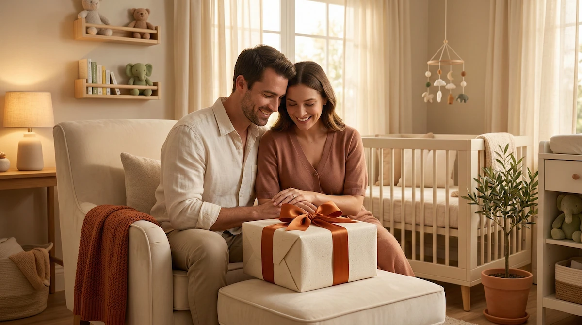 Giovani neogenitori felici che ammirano un pacchetto regalo nella cameretta del neonato.