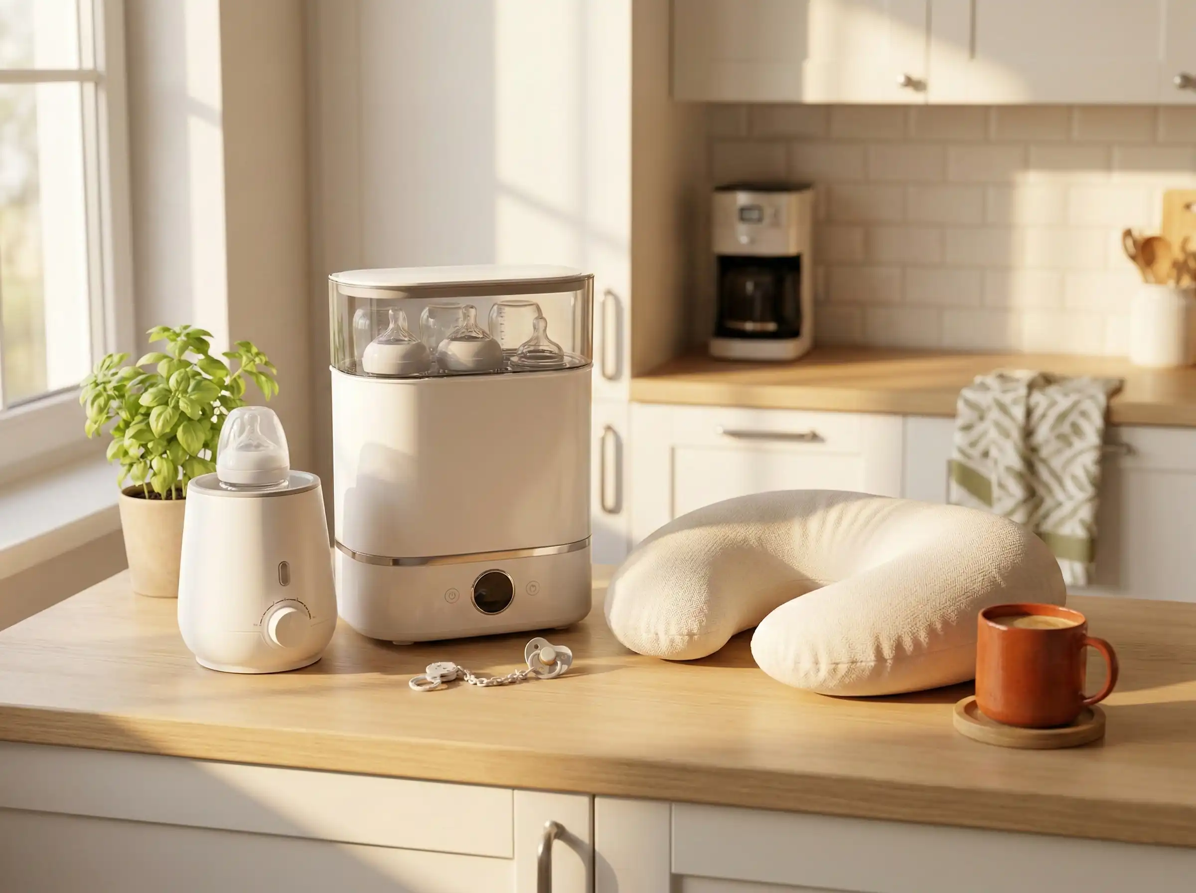 Scaldabiberon veloce e cuscino ergonomico per l'allattamento pronti all'uso sul bancone della cucina.