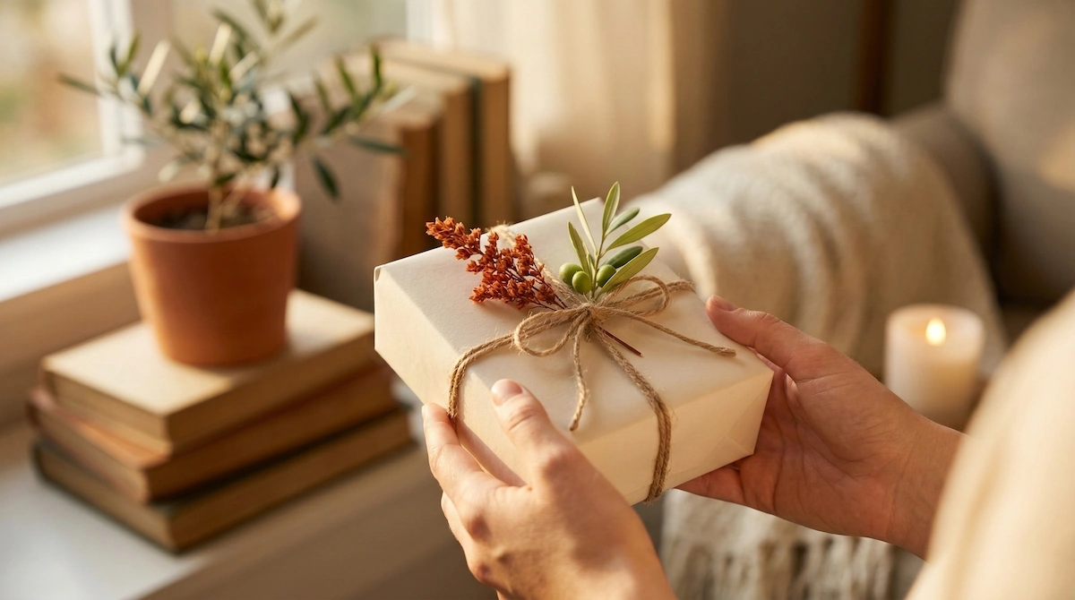 Mani che stringono un piccolo regalo confezionato con cura usando carta crema, spago e un fiore essiccato.