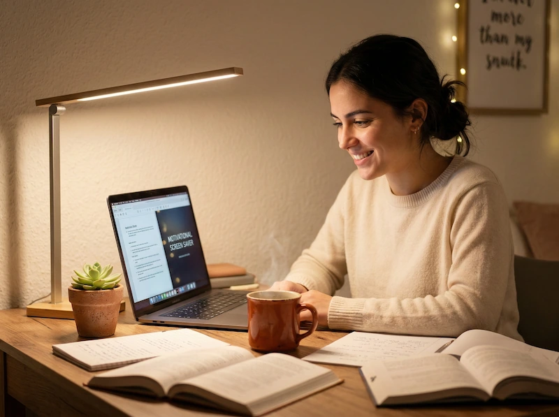 Una ragazza studia alla scrivania illuminata da una moderna lampada a LED, con un'espressione motivata e serena.
