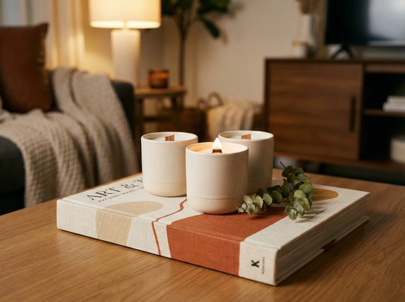 Libro da collezione e candele artigianali disposti con cura su un tavolino da salotto.