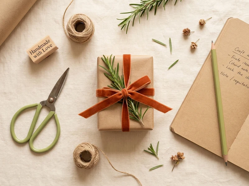 Pacchetto regalo avvolto in carta pacco grezza, decorato con nastro arancione di velluto e un rametto di rosmarino.