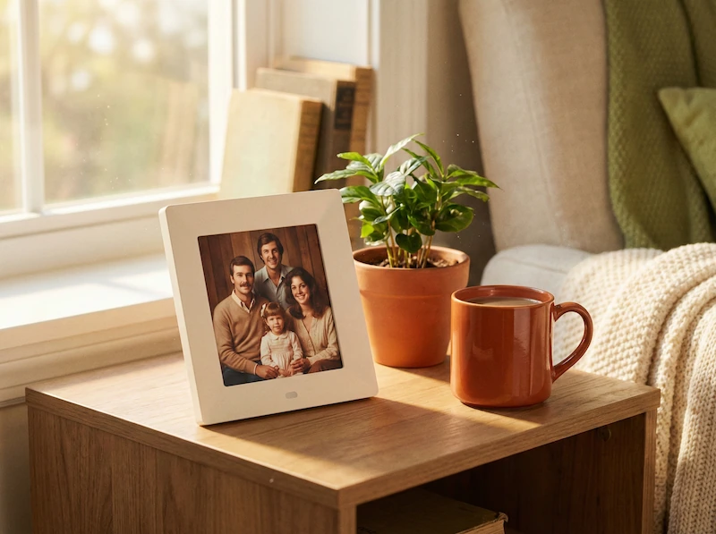 Cornice digitale di design e pianta da interni su un tavolino, perfetti come idee regalo per i genitori.