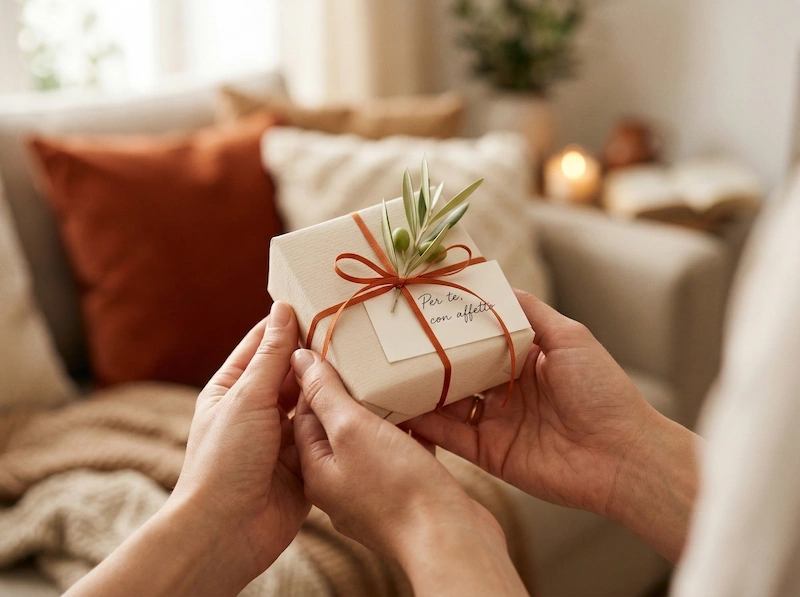 Due mani che stringono un piccolo pacchetto regalo confezionato con cura, accompagnato da un biglietto scritto a mano.