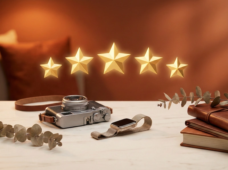 Utente sorridente che visualizza prodotti di altissima qualità con recensioni a cinque stelle selezionati dall'IA.