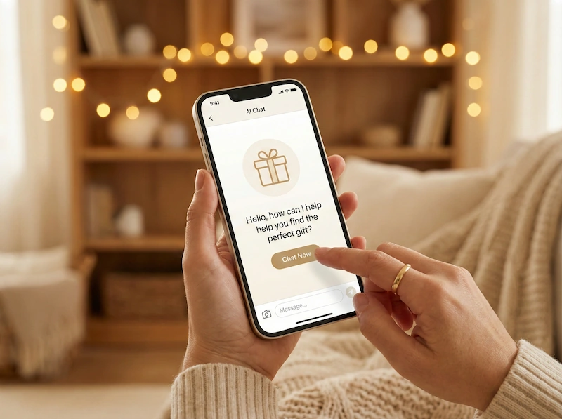 Dettaglio di una mano che avvia la chat con l'assistente virtuale Freddie sullo smartphone.