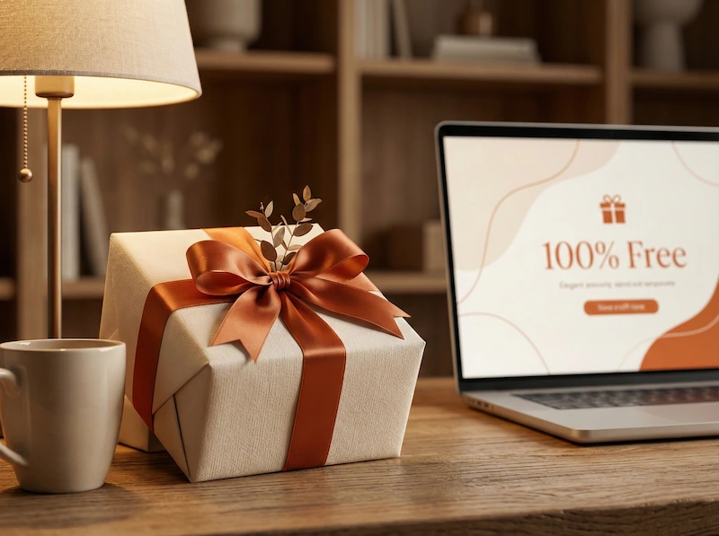 Elegante pacchetto regalo sulla scrivania che simboleggia il servizio gratuito offerto agli utenti.