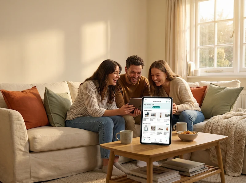 Un gruppo di amici sorridenti che organizza un regalo di gruppo tramite una wishlist condivisa su tablet.