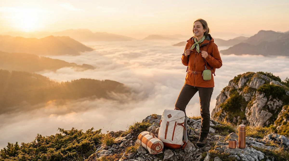 Una escursionista felice con giacca arancione e zaino crema ammira il panorama all'alba sulla cima di una montagna.