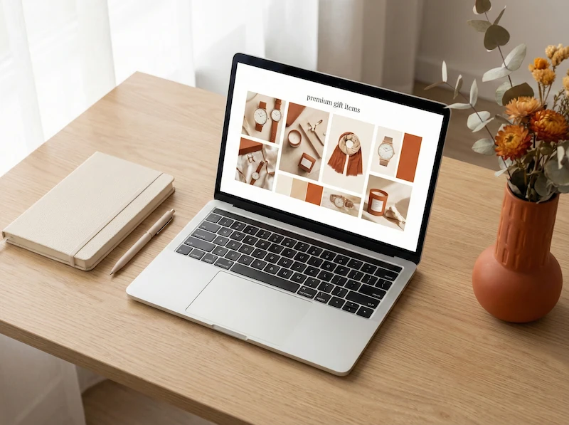 Una scrivania ordinata con un laptop che mostra una bacheca di ispirazioni ed eleganti idee regalo.
