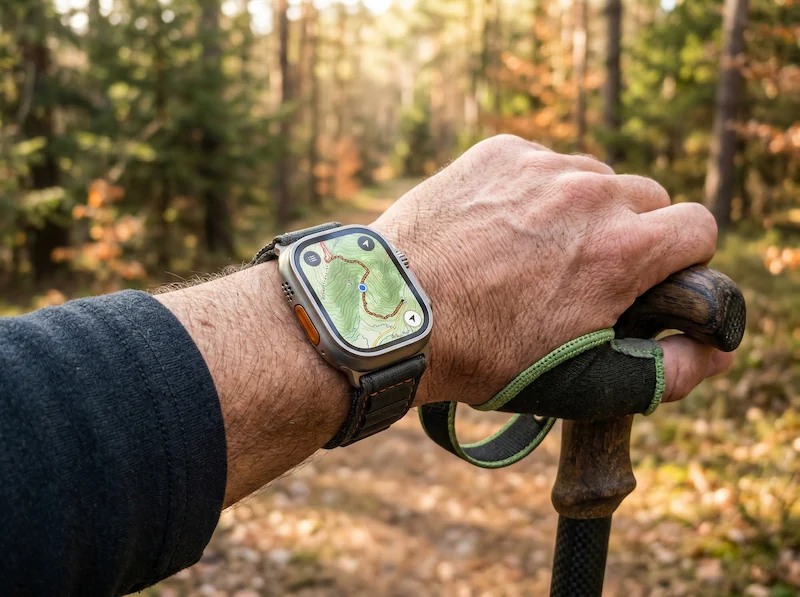 Dettaglio di uno smartwatch GPS robusto al polso di un escursionista che mostra una mappa cartografica colorata.