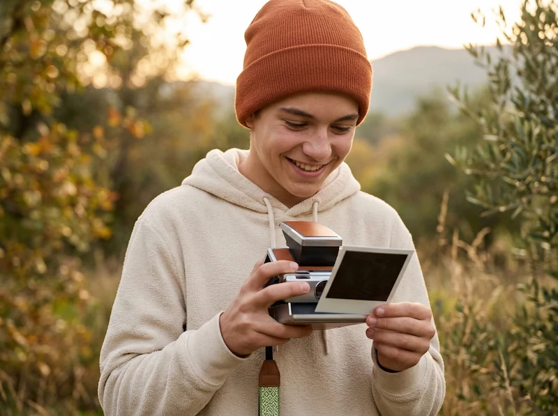 Un adolescente felice che scatta e guarda una fotografia stampata da una macchina fotografica analogica istantanea.