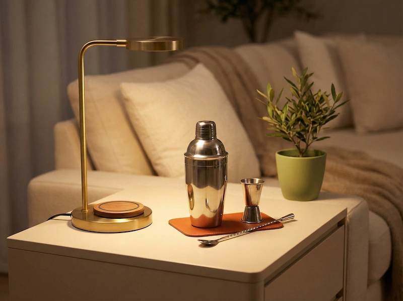 Lampada di design con ricarica wireless e set da cocktail elegante per brindare alla laurea.