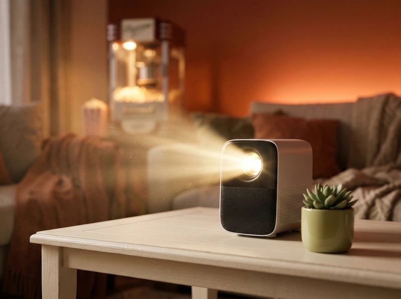Mini proiettore smart su un tavolino in un accogliente salotto allestito per una serata cinema.