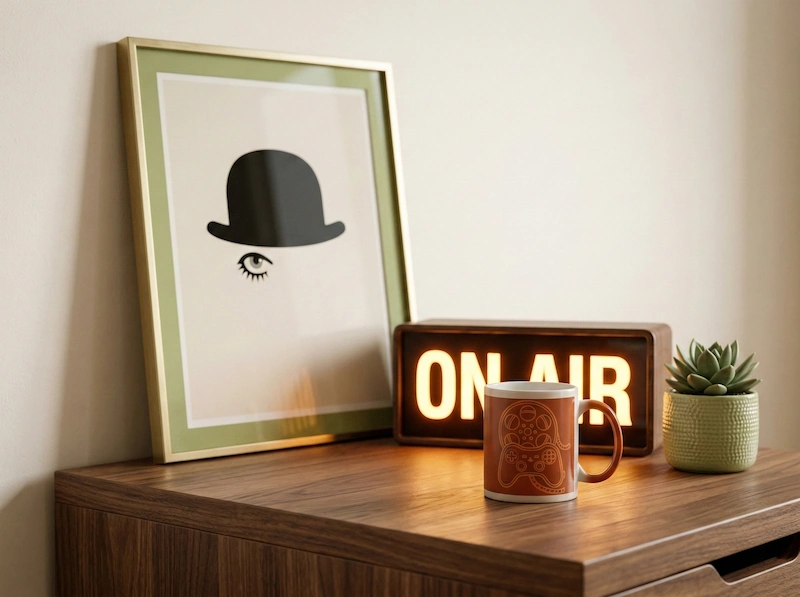 Lampada luminosa da studio cinematografico e poster minimalista su una scrivania in legno.