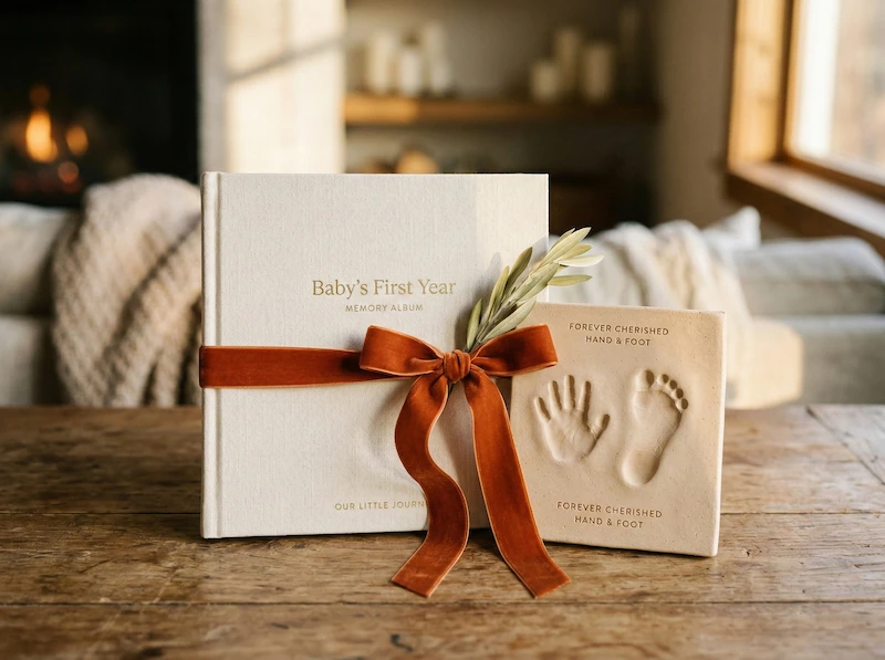 Kit per le impronte in argilla e album fotografico di design per il primo anno del bambino.
