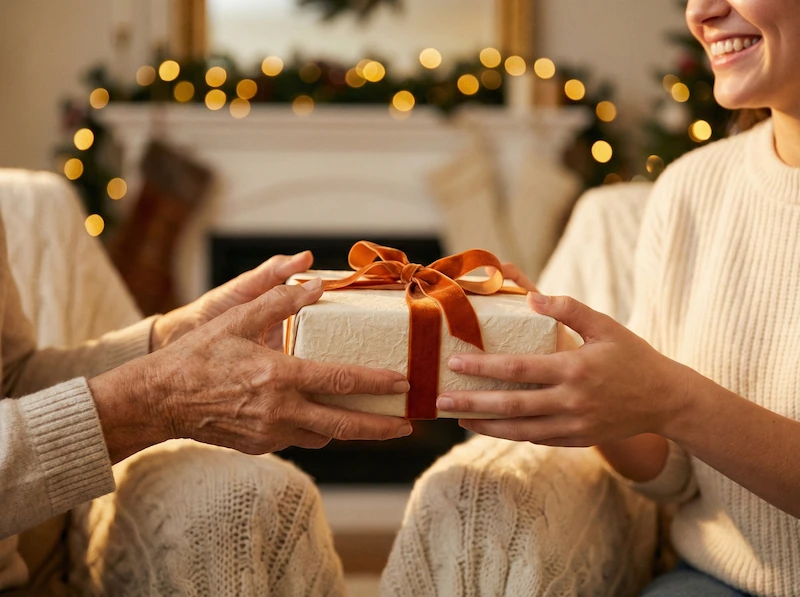 Primo piano emozionante di due mani che consegnano un pacchetto regalo a un'altra persona.