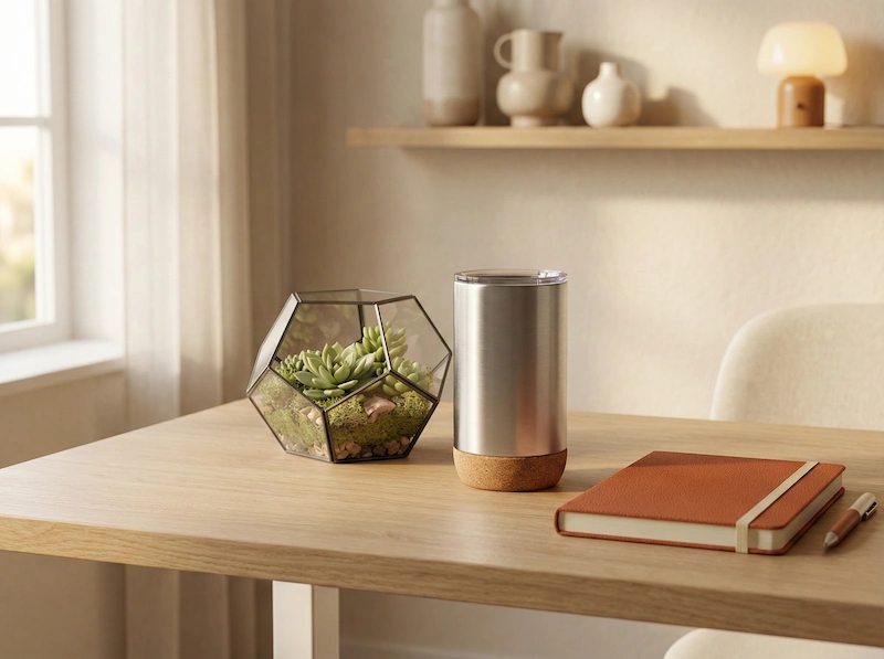 Scrivania ordinata con tazza termica di design e piccolo terrario in vetro per il collega.
