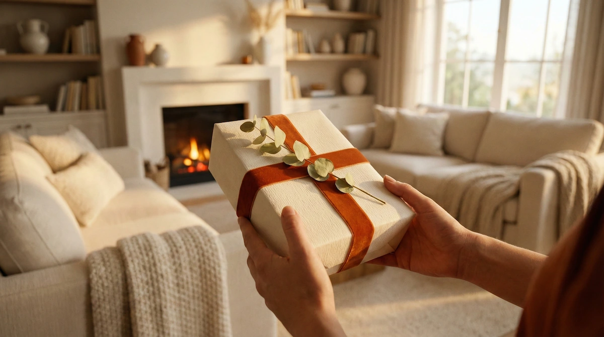 Mani che stringono con cura un pacchetto regalo elegante in un'atmosfera domestica accogliente.