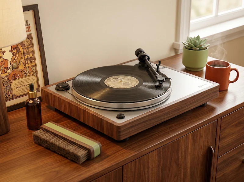 Giradischi dal design retrò con un disco in vinile in riproduzione e kit di pulizia professionale.