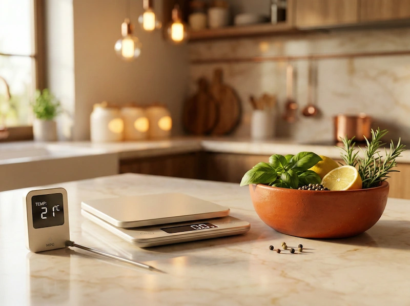 Termometro wireless intelligente per carne e bilancia digitale di precisione su un piano in marmo.