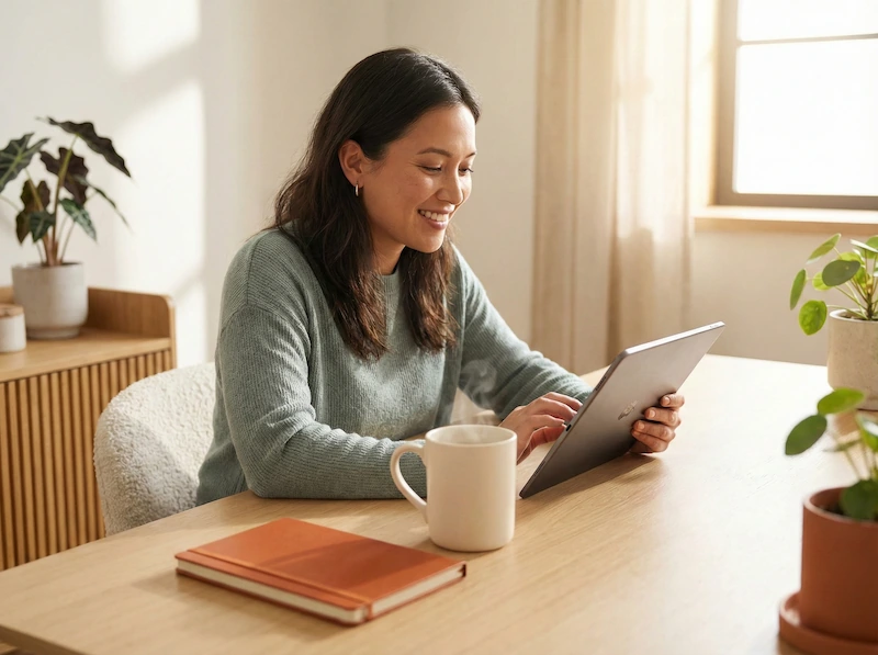 Una persona rilassata e sorridente che sceglie facilmente un regalo dal tablet grazie a una wishlist.