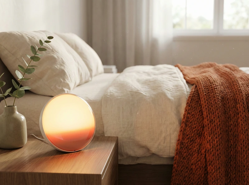 Sveglia hi-tech che simula l'alba sul comodino per un risveglio naturale e rilassante.