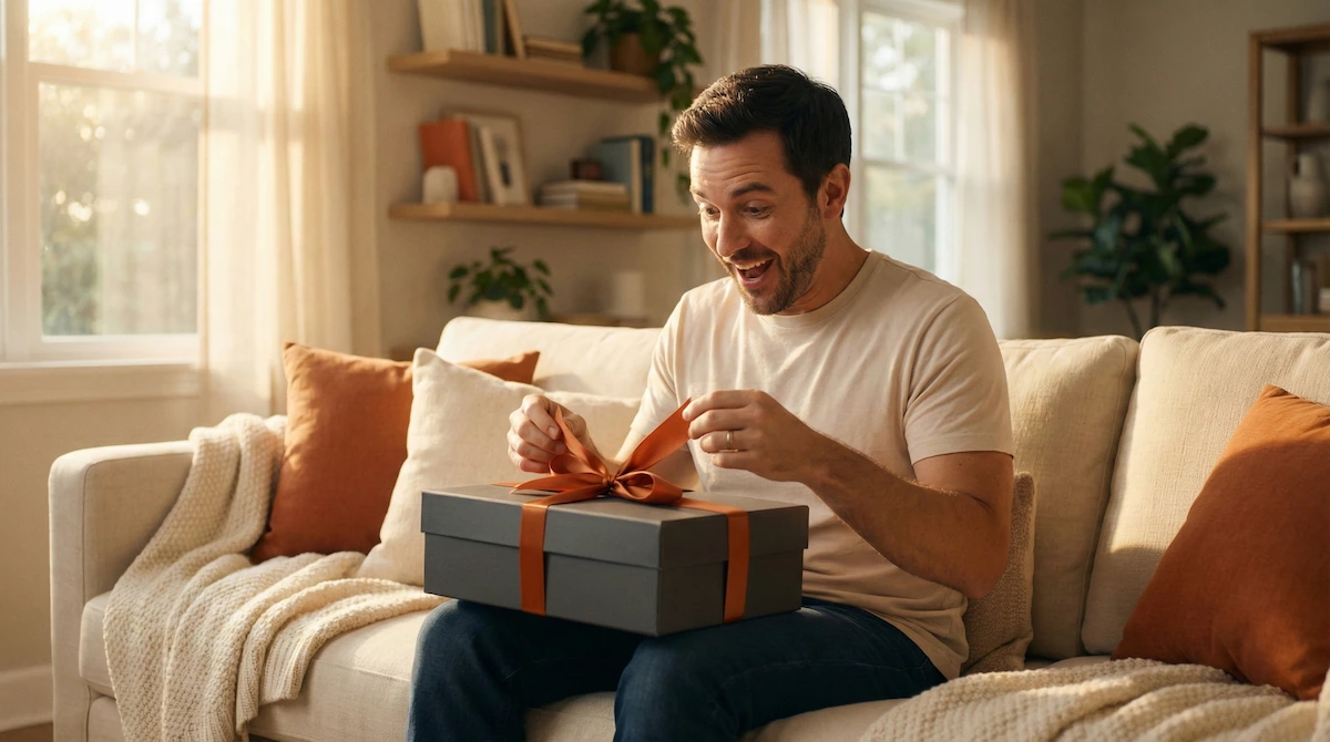 Un uomo elegante e sorpreso mentre scarta un regalo tecnologico sul divano di casa.