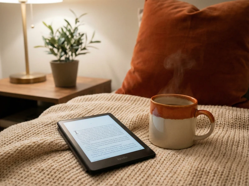 E-reader impermeabile e tazza di caffè su una coperta morbida per celebrare il relax post-laurea.