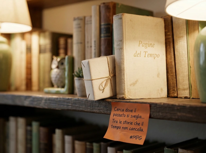 Un piccolo regalo nascosto su una libreria, accompagnato da un post-it arancione con un indizio per una caccia al tesoro.