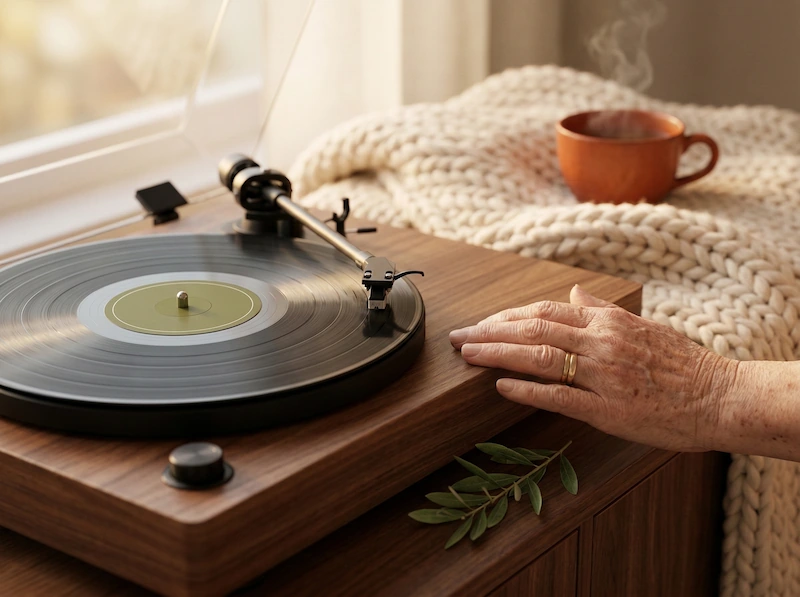 Dettaglio di un giradischi in legno dal design vintage con la mano di una persona anziana appoggiata vicino.