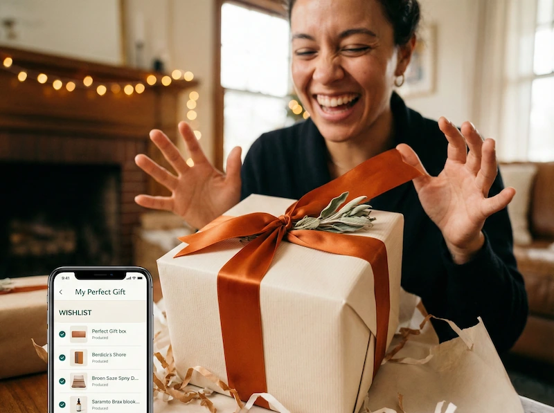 Una persona apre felicemente un regalo ricevuto grazie alla condivisione della propria Lista dei Desideri.