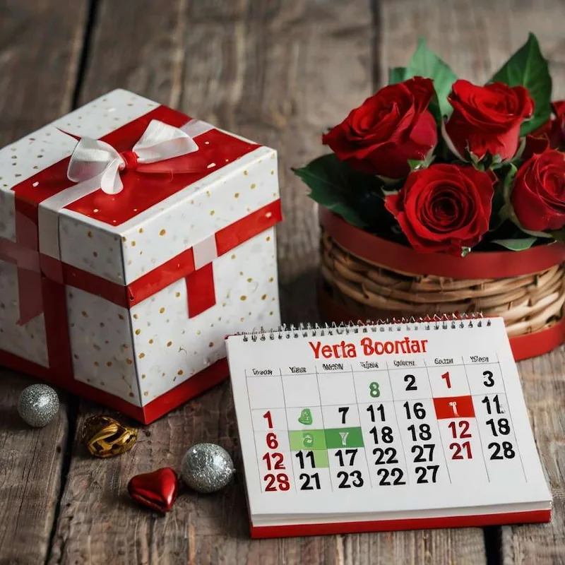 Scatola regalo, calendario e rose rosse su un tavolo di legno.