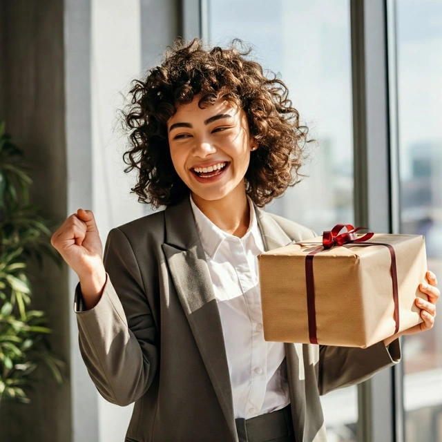 SPersona felice che riceve un regalo tramite My Perfect Gift, simbolo della gioia e della soddisfazione di creare la Lista dei Desideri e utilizzare il servizio.