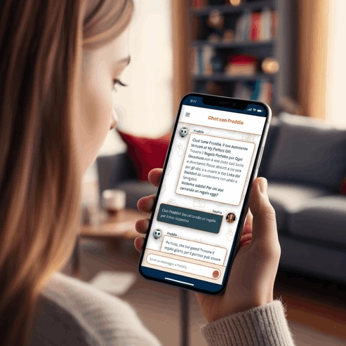 Persona che interagisce con il chatbot Freddie su uno smartphone, rispondendo a domande sul destinatario del regalo.